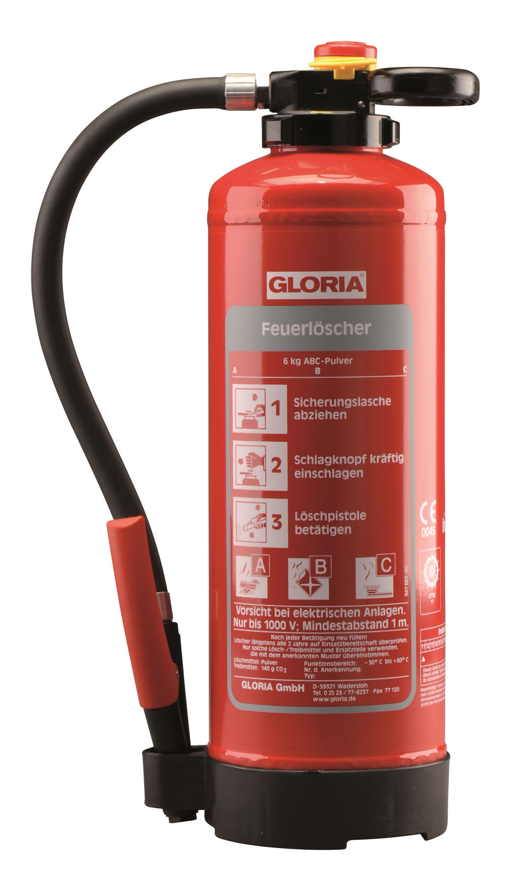 Gloria Tragbarer Pulver-Aufladefeuerlöscher P6PRO mit Wandhalter